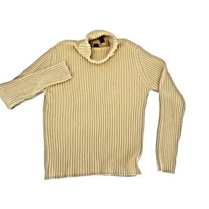 Vintage 90s Y2K GAP Chunky Knit Turtleneck Yellow Heavy 100% Cotton Sweater Larg